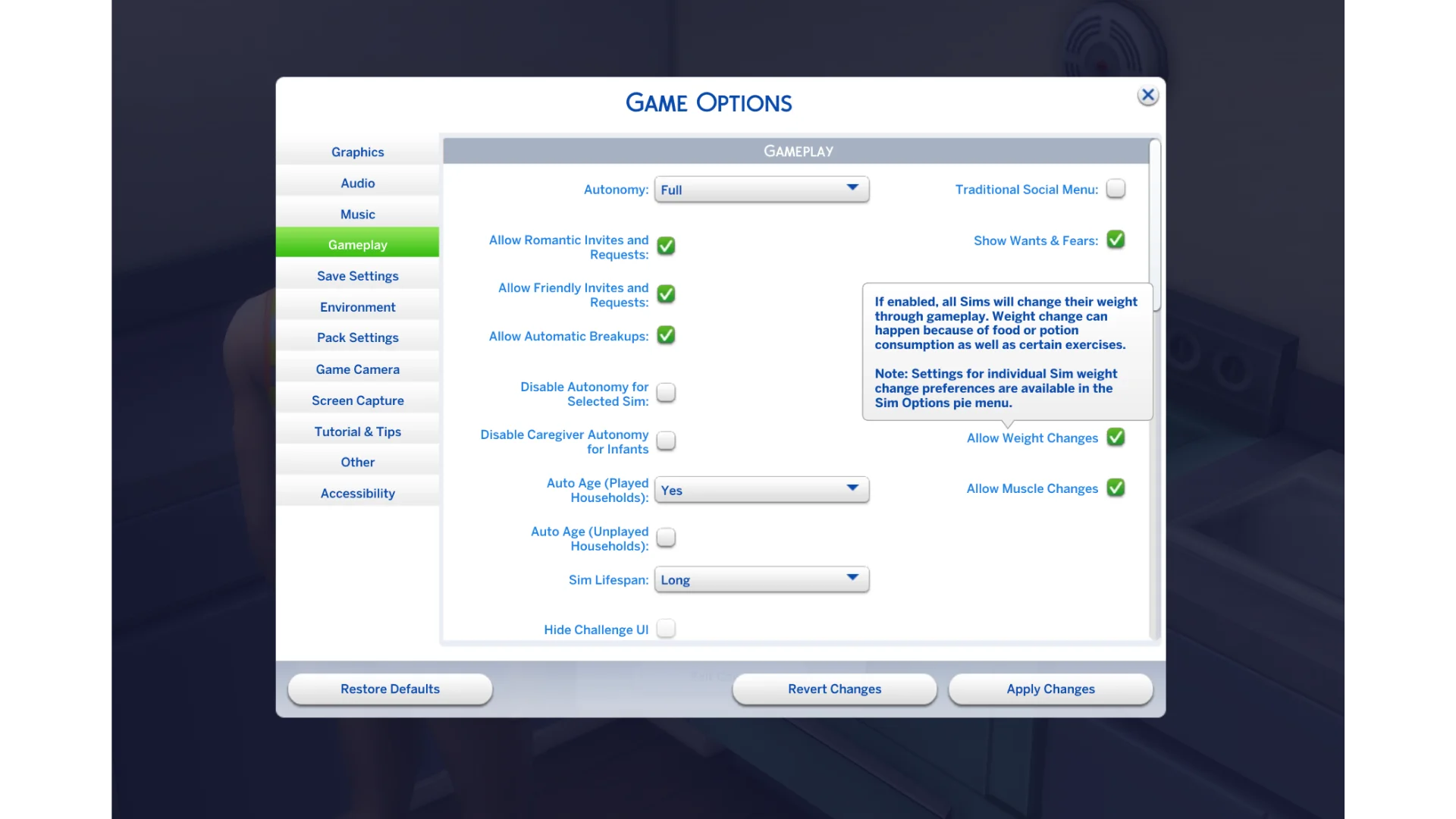 The Sims 4 Game Options with the new Allow Weight Changes and Allow Muscle Changes toggles